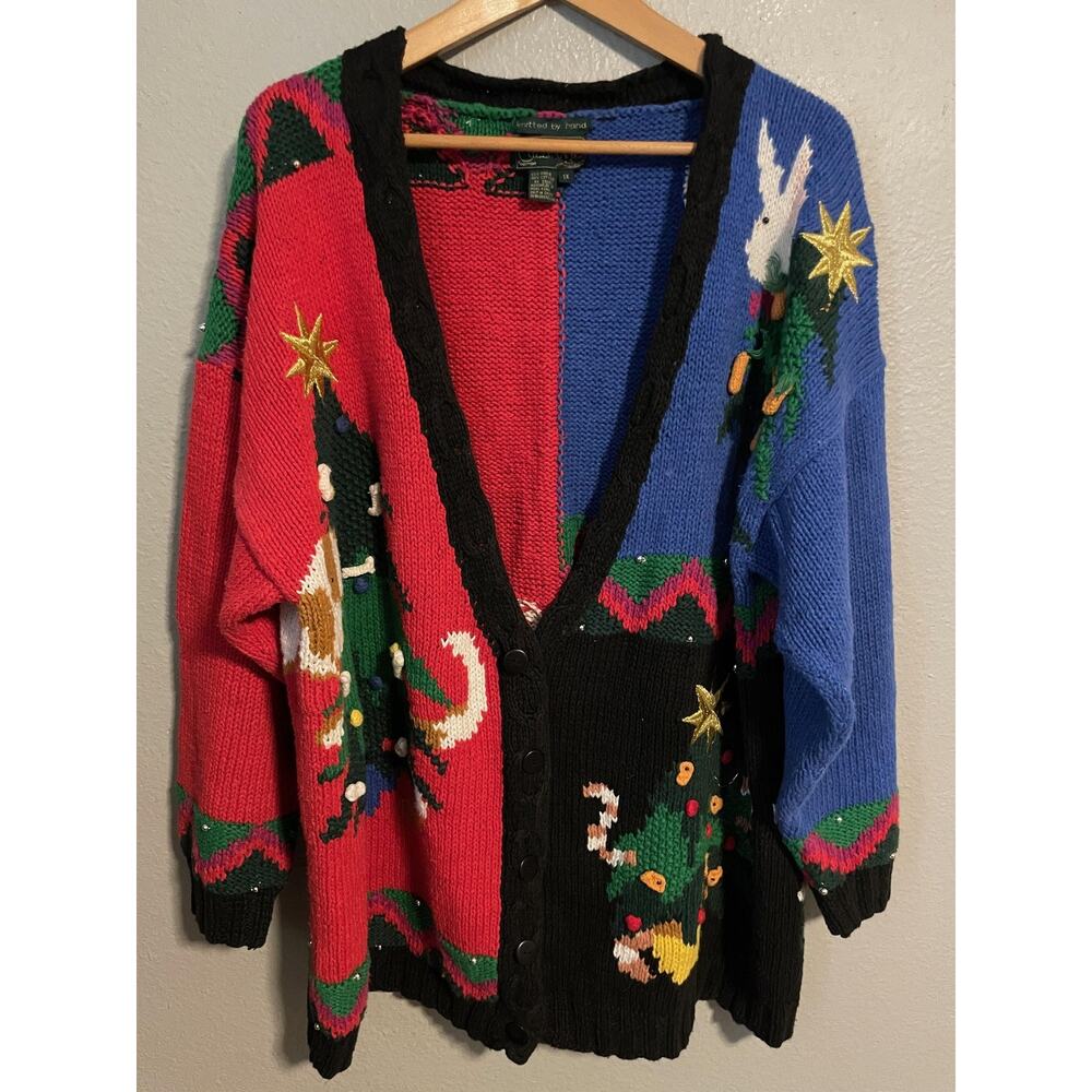 Vintage Cullinane Cardigan Hand Knit Womens 1X Christmas Dog Cat Bunny Artsy 90s
